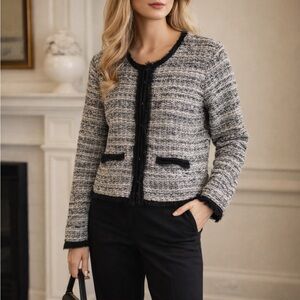 Madison Tweed Cropped Jacket Black White Bouclé Cardigan Fringe Trim XL Preppy